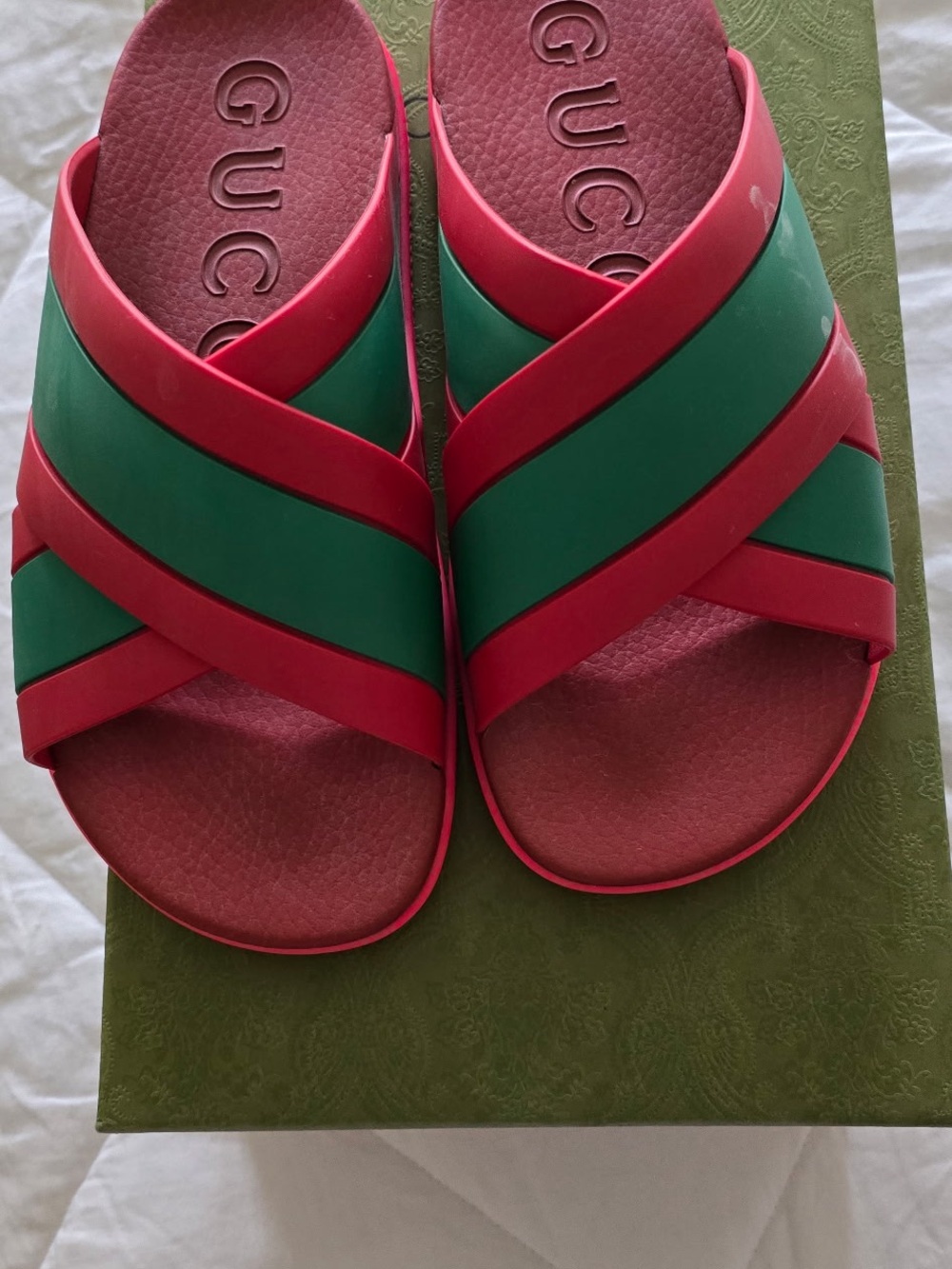 Gucci Green & Pink Crisscross Slide Sandals